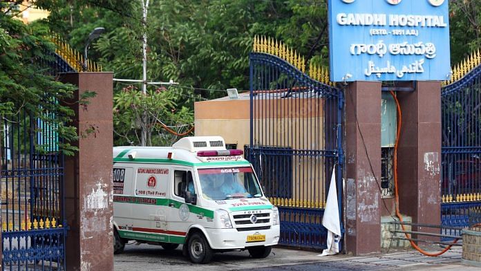 An ambulance leaves Gandhi Hospital. the nodal Covid-19 centre in Hyderabad | Photo: Suraj Singh Bisht | ThePrint