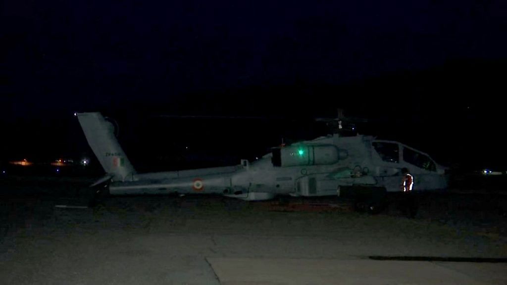 An Apache attack helicopter of the IAF during night operations in Ladakh Monday | ANI
