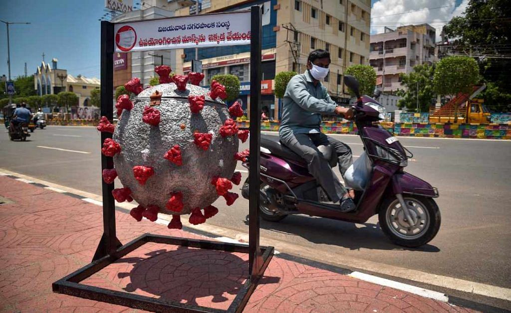 A coronavirus-shaped dustbin placed in Vijayawada by municipal authorities to raise awareness about the pandemic | Representational image | ANI