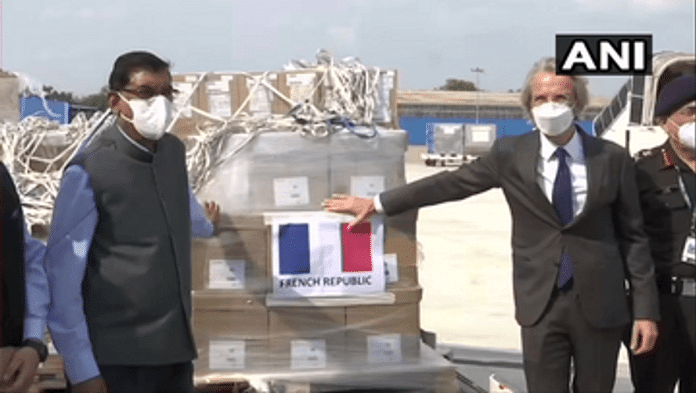 Emmanuel Lenain, French Ambassador hands over medical supplies to RK Jain, Secretary-General of Indian Red Cross Society. | ANI