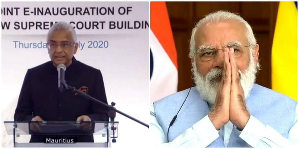 Prime Minister Narendra Modi and Mauritian PM Pravind Jugnauth jointly inaugurate the new Supreme Court building of Mauritius at Port Louis through video conferencing.| ANI