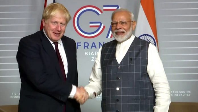 A file photo of Prime Minister Narendra Modi and Britain PM Boris Johnson. | Photo: ANI