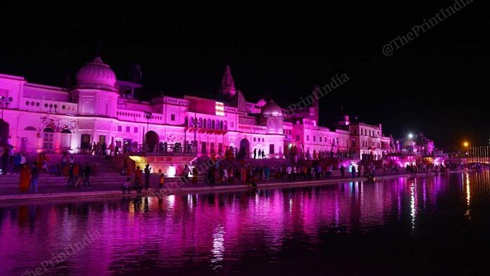 The Ayodhya ghat is lit up on the eve of the Ram temple bhumi pujan | Photo: Suraj Singh Bisht | ThePrint
