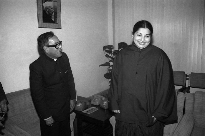 Pranab Mukherjee in 1991. He was deputy chairman of Planning Commission at the time, and is seen here with Tamil Nadu CM, late J. Jayalalithaa, at the Planning Commission building, which is now the Niti Aayog building, in New Delhi | Praveen Jain | ThePrint