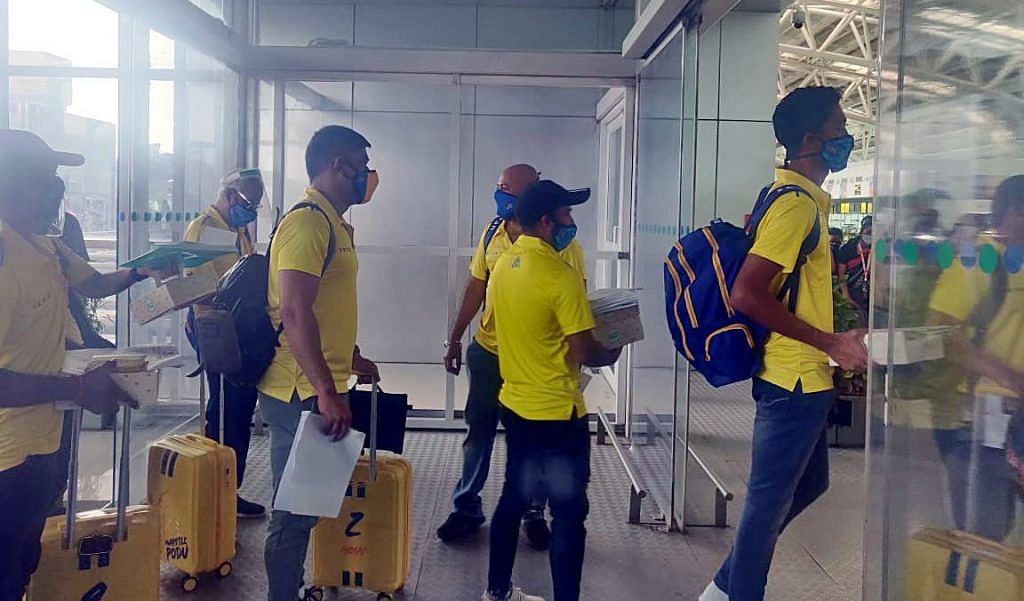 Players of Chennai Super Kings, including Mahendra Singh Dhoni captured on 21 August leaving for the United Arab Emirates from Chennai airport for IPL 2020 | ANI Photo