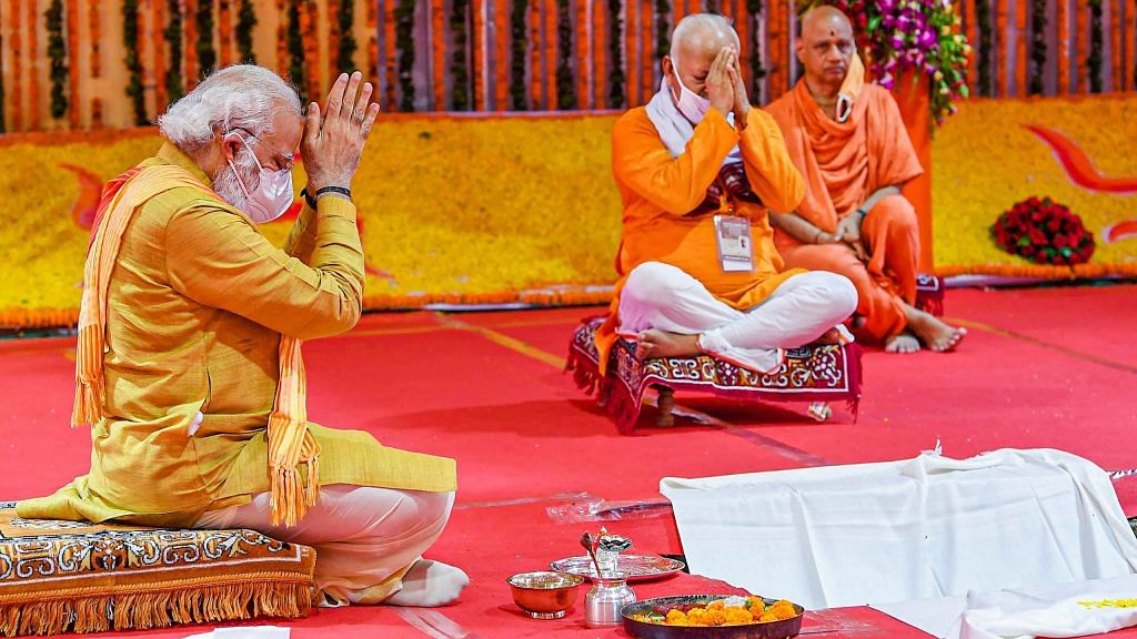 Prime Minister Narendra Modi along with RSS Chief Mohan Bhagwat performs bhoomi pujan for the Ram Mandir in Ayodhya, Wednesday | PTI
