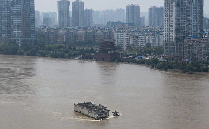 An aerial view of the Kwanyin Temple in the middle of the flooded Yangtze River on July 24, 2020 in Wuhan, China