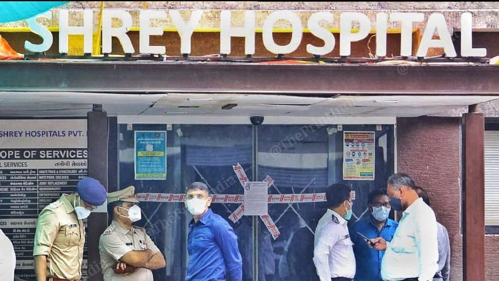 The sealed entrance to the Shrey Hospital in Navrangpura, Ahmedabad, which caught fire in the early hours of Thursday | Photo: Praveen Jain | ThePrint
