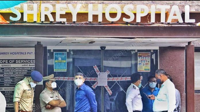 The sealed entrance to the Shrey Hospital in Navrangpura, Ahmedabad, which caught fire in the early hours of Thursday | Photo: Praveen Jain | ThePrint