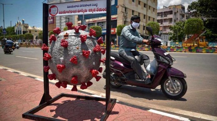 A coronavirus-shaped dustbin placed in Vijayawada by municipal authorities to raise awareness about the pandemic | Representational image | ANI
