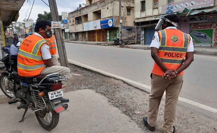 Police keep watch over one of the areas affected by Bengaluru riots Tuesday | Rohini Swamy | ThePrint