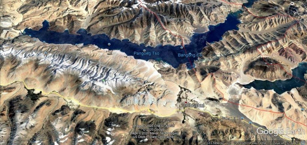 A Google Earth image of the Pangong Tso showing the northern and southern banks