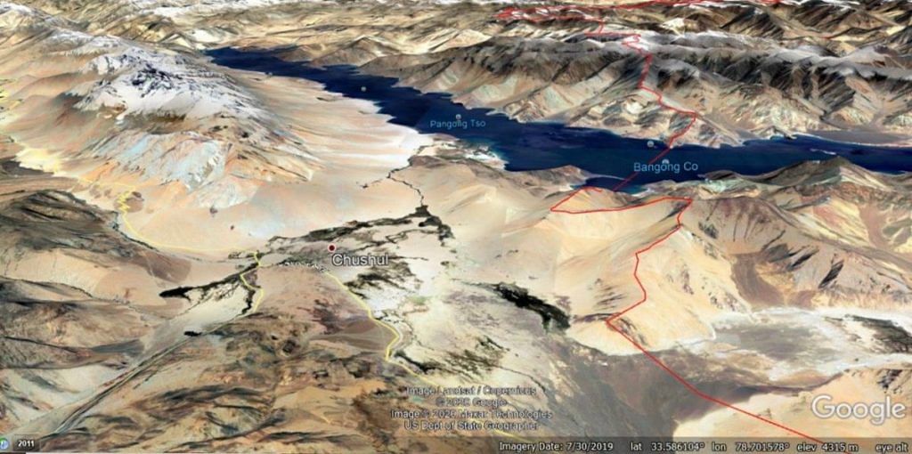 A Google Earth image showing the elevation on the southern bank of Pangong Tso