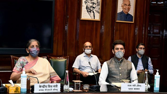 Union Finance Minister Nirmala Sitharaman with MoS Anurag Thakur and officials at last week's virtual GST Council meeting | Photo: ANI