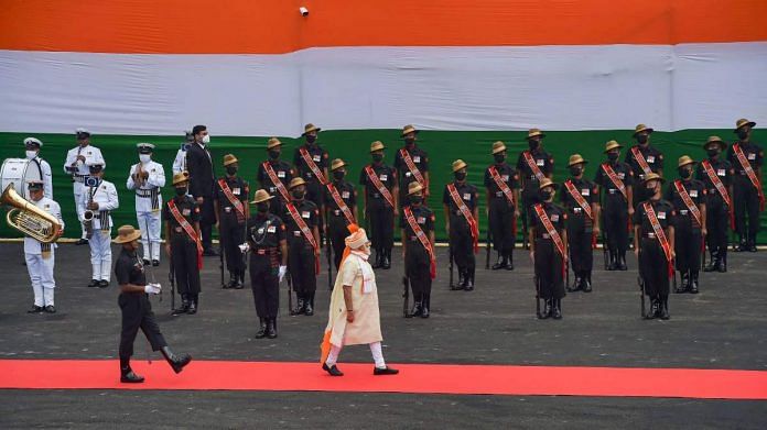 PM Modi walks past a guard of honour during the 74th Independence Day celebrations at Red Fort on 15 August 2020 | PTI