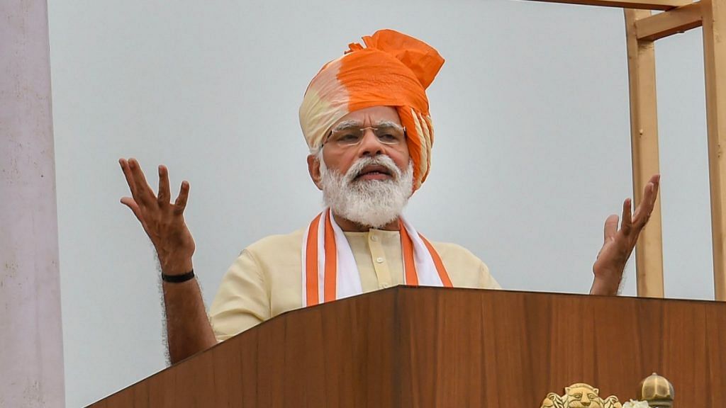 Prime Minister Narendra Modi addresses the nation during the 74th Independence Day celebrations, at Red Fort in New Delhi on 15 August 2020 | Atul Yadav | PTI