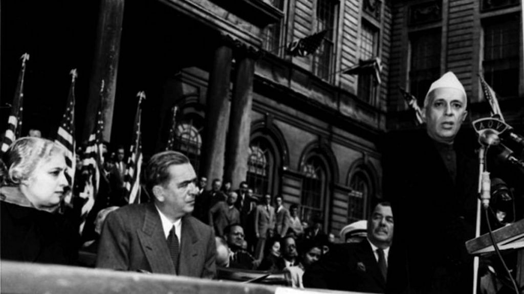 File photo | Jawaharlal Nehru addressing from a platform set up in front of the City Hall in New York, 1949 |Commons