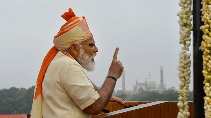 Prime Minister Narendra Modi addresses the nation during the 74th Independence Day at Red Fort in New Delhi on 15 August 2020 | PTI