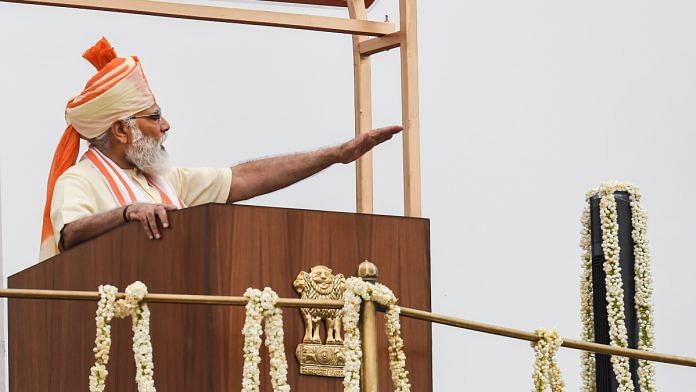 Prime Minister Narendra Modi addresses the nation during the 74th Independence Day celebrations, at Red Fort in New Delhi on 15 August 2020 | PTI