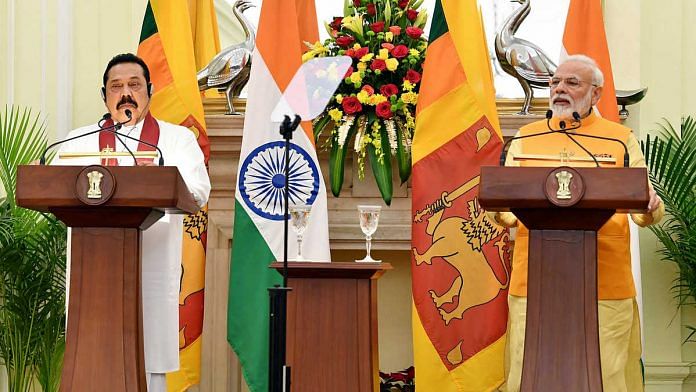 File image of Sri Lankan Prime Minister Mahinda Rajapaksa (left) with India's Narendra Modi | Photo: ANI