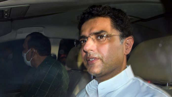 Former Rajasthan deputy CM Sachin Pilot leaves the meeting with Priyanka Gandhi and other senior Congress leaders in New Delhi Monday night | Photo: PTI