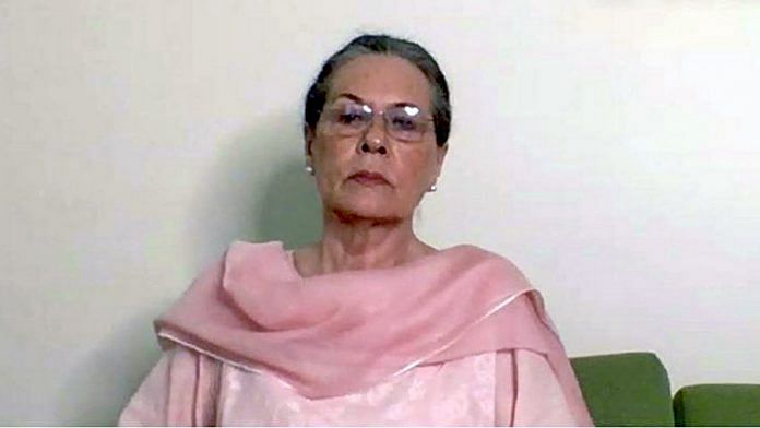 Congress interim president Sonia Gandhi attending Monday's virtual Congress Working Committee meeting | Photo: ANI