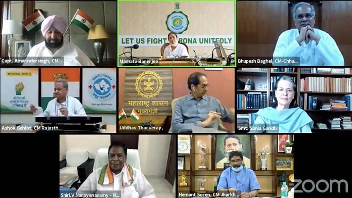 Seven chief ministers attend a virtual opposition meeting called by Congress interim president Sonia Gandhi Wednesday | Photo: ANI Seven chief ministers attend a virtual opposition meeting called by Congress interim president Sonia Gandhi Wednesday | Photo: ANI