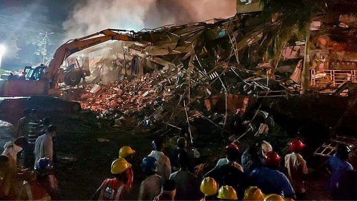 Rescue operations underway after a five-storeyed residential building collapsed in Raigad district of Maharashtra, Monday, Aug. 24, 2020 | PTI