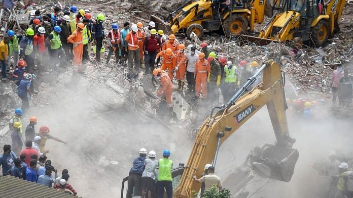 Rescue personnel sift through the rubble in search of survivors at the site where a five-storey apartment building collapsed, at Mahad in Raigad district, Tuesday, Aug. 25, 2020 | PTI