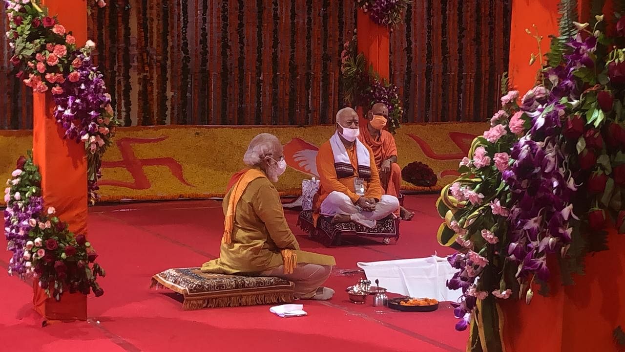 PM Modi and RSS Chief Mohan Bhagwat at the Bhoomi Pujan site in Ayodhya