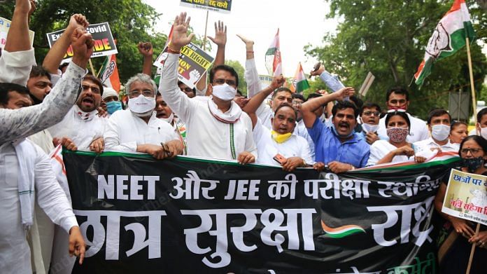 Delhi Congress workers protest the government's decision to hold JEE and NEET amid the coronavirus pandemic on 28 August, 2020 | Photo: Manisha Mondal | ThePrint
