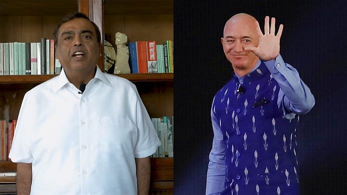 Reliance Chairman Mukesh Ambani (left) and Amazon CEO Jeff Bezos (right) | ANI Photo/Bloomberg