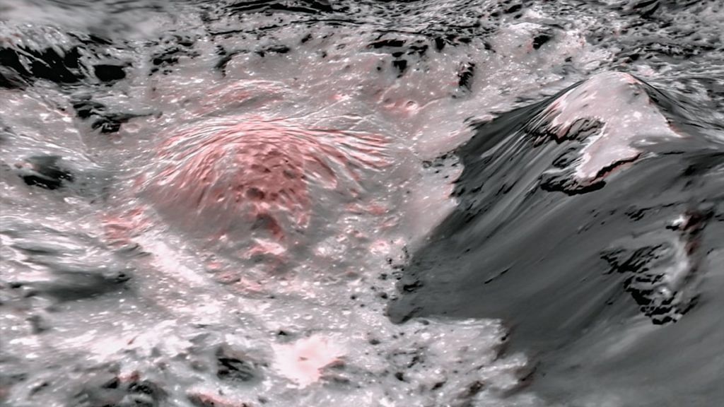 This mosaic image uses false colour to highlight the recently exposed brine that were pushed up from a deep reservoir under Ceres' crust. In this view of a region of Occator Crater, they appear reddish. | Photo: NASA/JPL-Caltech/UCLA/MPS/DLR/IDA