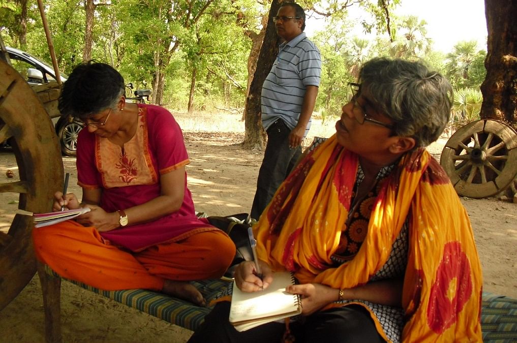 (From left) DU professor Nandini Sundar, activist Sanjay Parate and JNU professor Archana Prasad at Nama village in 2016. Shamnath for who’s killing an FIR was registered against the activists belonged to this village | By special arrangement