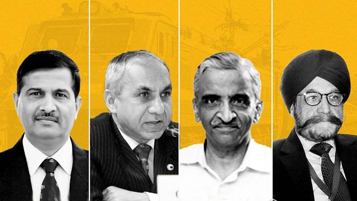 (From left) Former railway board chairmen Ashwani Lohani, Arunendra Kumar, Vivek Sahai and S.S. Khurana | Illustration: Ramandeep Kaur