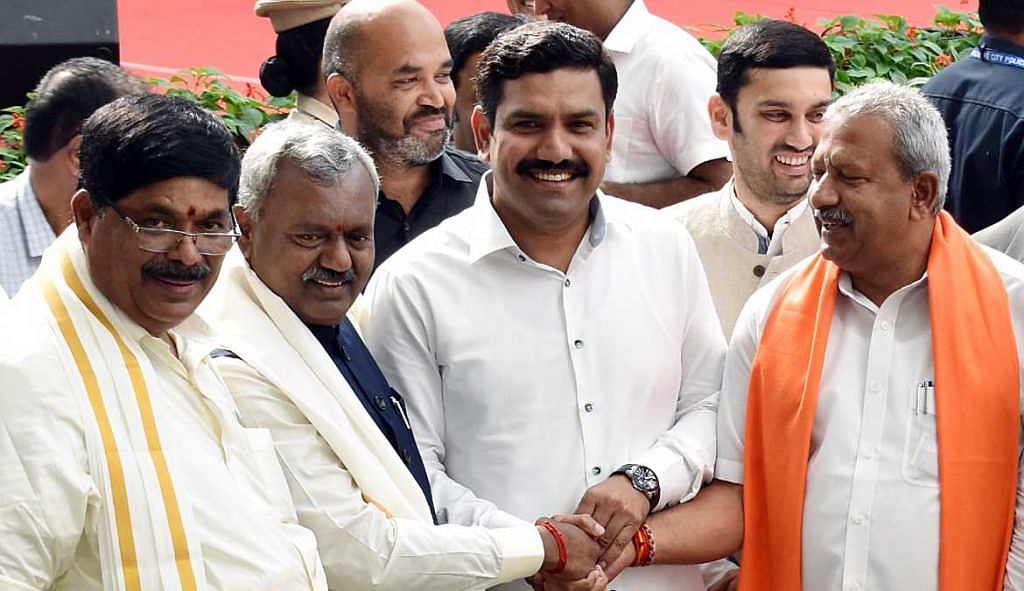 Karnataka CM B.S. Yediyurappa's younger son B.Y. Vijayendra (third from left) with BJP MLAs | File photo | ANI