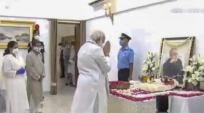 Prime Minister Narendra Modi pays tribute to former president and veteran Congress leader Pranab Mukherjee who passed away at an army hospital on Monday | Video grab via PTI