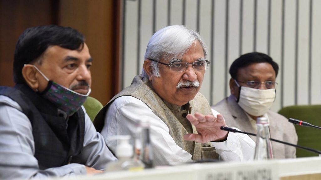 Chief Election Commissioner Sunil Arora with Election Commissioners Sushil Chandra (Left) and Rajiv Kumar (Right) announces the schedule for the Bihar Assembly Elections 2020, at a press conference, in New Delhi, Friday, Sept. 25, 2020 | Atul Yadav | PTI