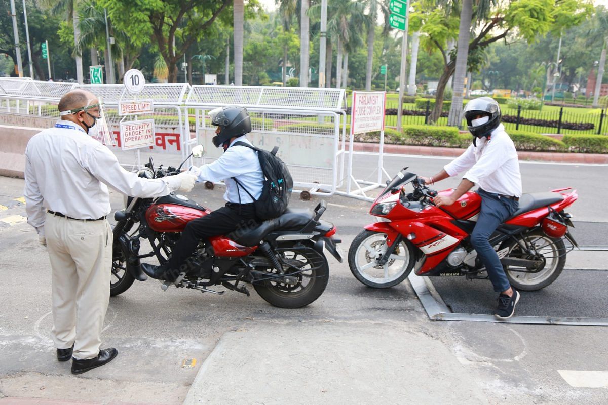 At the Parliament two beds of sponge soaked in sanitisers are put for tyre sanitisation | Photo: Manisha Mondal | ThePrint