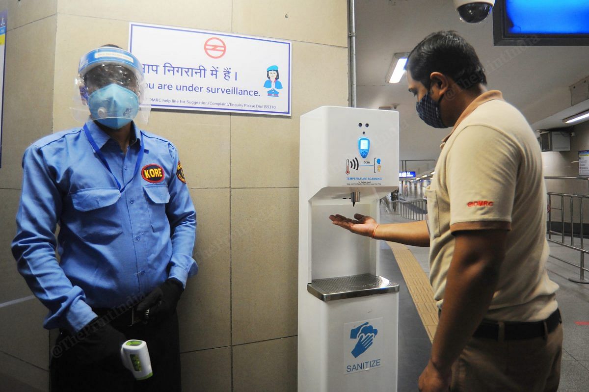 Sanitiser dispenser installed at the entry of the gate | Photo: Suraj Singh Bisht | ThePrint