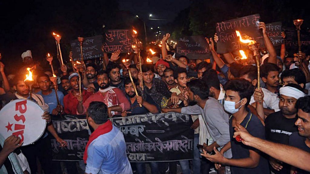 Students protest against unemployment at the Banaras Hindu University in Varanasi Thursday | Photo: ANI