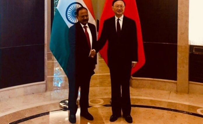 File photo of NSA Ajit Doval and his Chinese counterpart Yang Jiechi | Twitter | @EOIBeijing