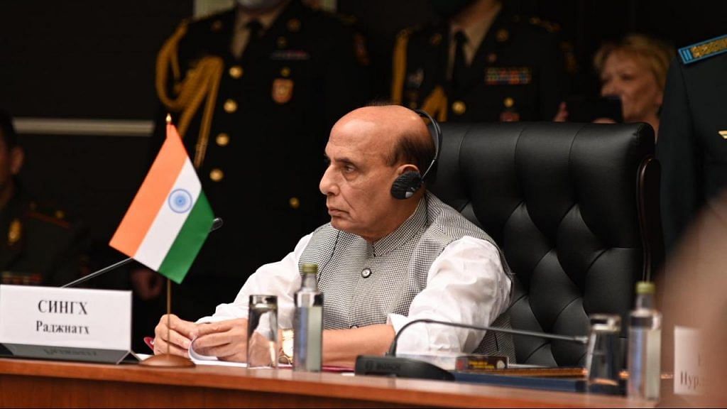 Defence Minister Rajnath Singh at the combined meeting of defence ministers of the Shanghai Cooperation Organisation (SCO) | Twitter