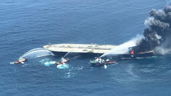 Joint efforts by the Indian Coast Guard and Sri Lankan Navy in dousing fire on ship | Twitter: @IndianCoastGaurd