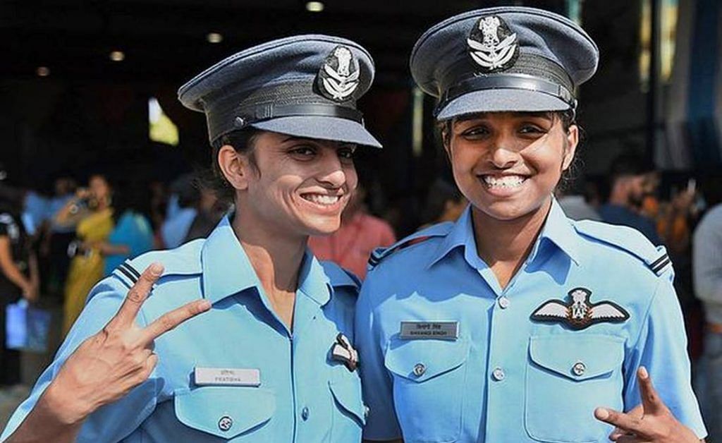 File photo of Flight Lieutenant Shivangi Singh (R) during her induction into the IAF in 2017. She and colleague Pratibha (L) form the second batch of women fighter pilots inducted into the force | IAF