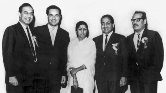 Left to right: Talat Mahmood, Mukesh, Lata Mangeshkar, Mohammed Rafi and Manna Dey | Source: Niyogi Books