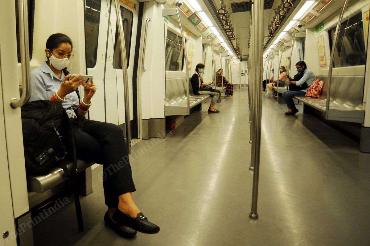 People were seen maintaining social distance inside the metro | Photo: Suraj Singh Bisht | ThePrint