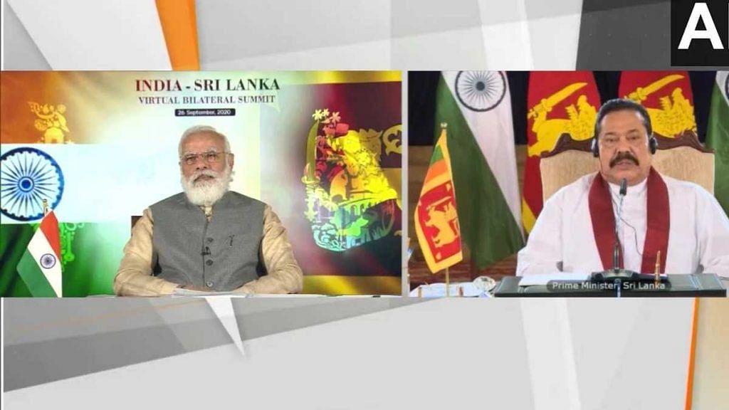 Prime Minister Narendra Modi during the virtual bilateral meet with Sri Lankan PM Mahinda Rajapaksa on 26 September 2020 | ANI Twitter