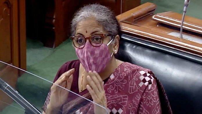 Finance Minister Nirmala Sitharaman speaks in Parliament Friday evening | Photo: ANI | LSTV