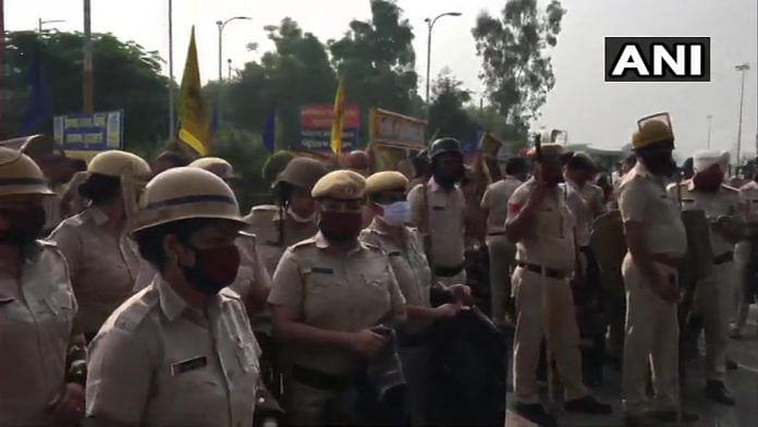 Police deployment at Sadopur border in Ambala, in view of farmers' protest against Agriculture Bills | ANI | Twitter